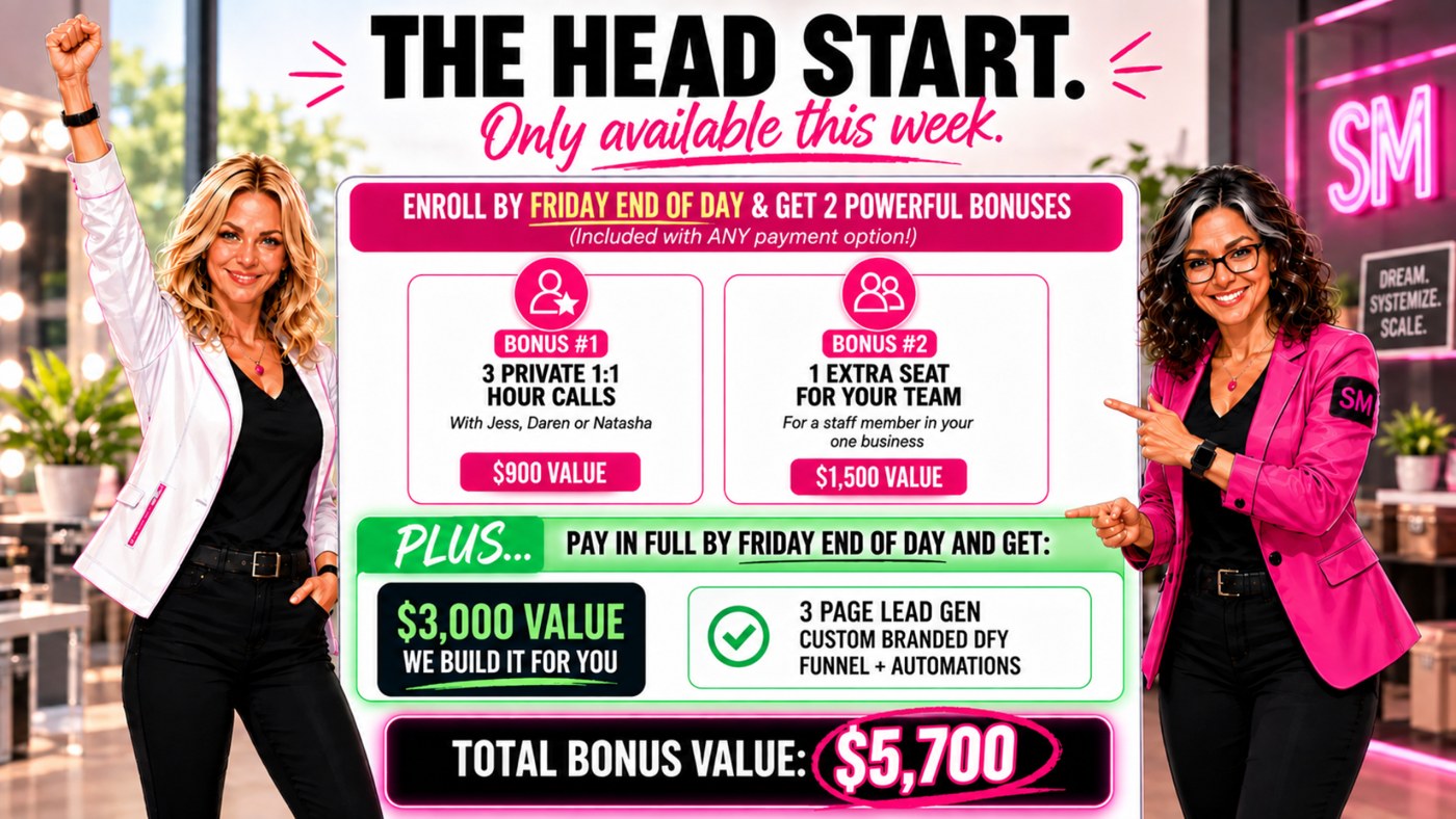 The Head Start — enroll by Friday end of day for 2 bonuses plus pay-in-full bonus, $5,700 total bonus value
